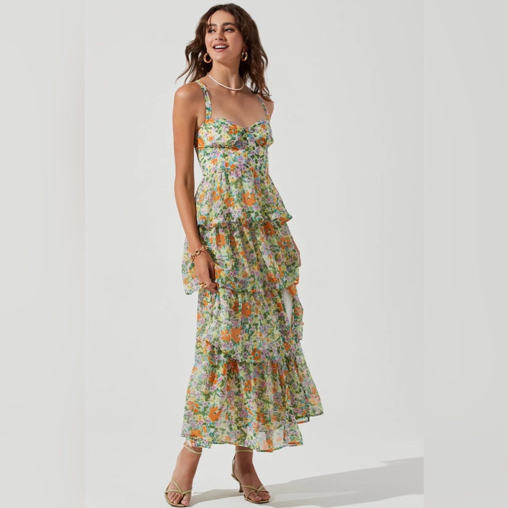 JardinVue Cami Floral Backless Tiered Hem Maxi Dress Green